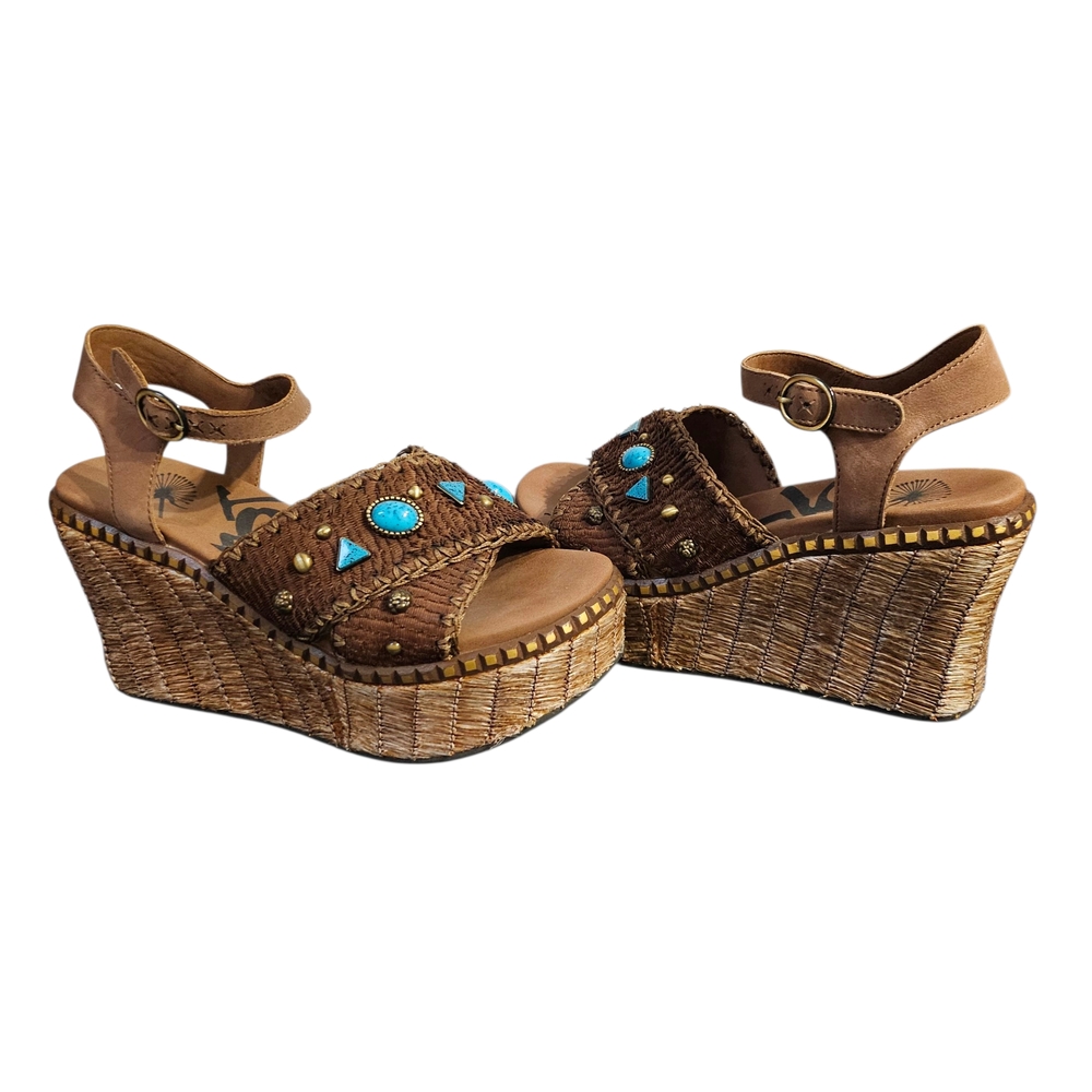 OTBT Cahoot Leather Brown Wedge Peasant Sandals Turquoise Stone Accents Sz 6.5 - Picture 3 of 9